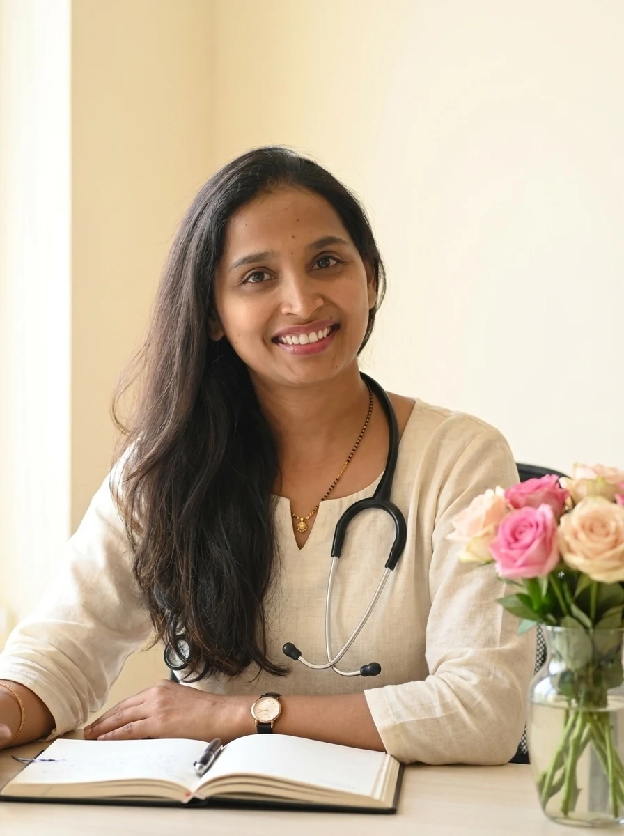 Dr. Geeta S K, MBBS, DGO, FRM, DRM (Germany), gynecologist and fertility specialist, listening during an online consultation