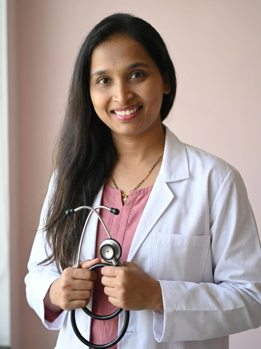 Dr. Geeta S K, MBBS, DGO, FRM, DRM (Germany), gynecologist, in a white coat with a stethoscope