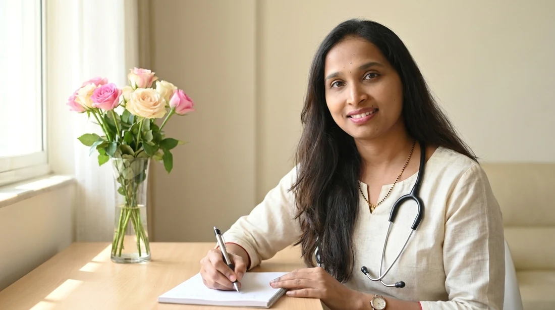 Dr. Geeta S K writing the First Pregnancy Kit at her desk